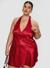Pelagia Halter Scarf Tie Mini Dress Red Curve