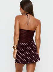 Qwen Halter Cut Out Mini Dress Plum Polka Dot