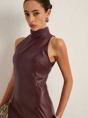 Stand Collar Faux Leather Skinny-Fit Tank Dress