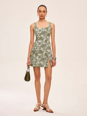 Floral Print Square Neck Dress With Side Slit