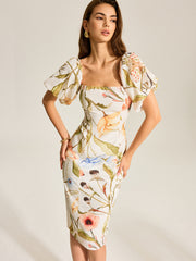 Floral Puff Sleeve Backless Dress