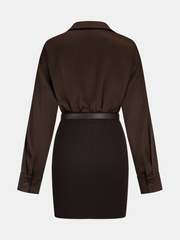 Ribbed Knit Panel Belted Shirt Dress