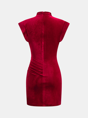 Velvet Mock Neck Ruched Sleeveless Dress