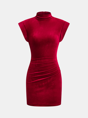 Velvet Mock Neck Ruched Sleeveless Dress