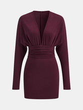 Deep V-Neck Ruched Long-Sleeve Mini Dress