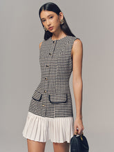 Houndstooth Sleeveless Pleated Hem Mini Dress