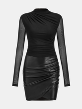 Mesh Ruched Panel Faux Leather Mini Dress