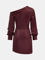 Satin Off-Shoulder Long Sleeve Ruched Dress