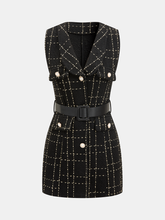 Belted Plaid Tweed Sleeveless Mini Dress