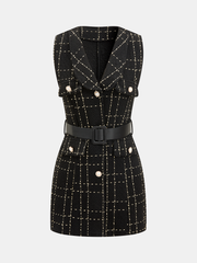 Belted Plaid Tweed Sleeveless Mini Dress
