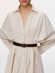 Pleated Cotton-Linen Belted Shirt Dress