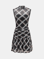 Mock Neck Ruffle Sheer Plaid Mini Dress