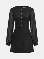 Sheer Sleeve Metal Detail Tweed Mini Dress