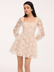 Semi-Sheer Floral Lace Square Neck Mini Dress