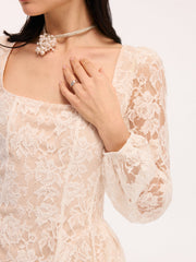 Semi-Sheer Floral Lace Square Neck Mini Dress