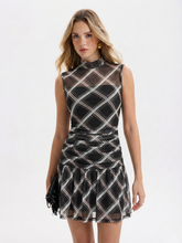 Mock Neck Ruffle Sheer Plaid Mini Dress