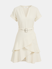 Belted V-Neck Short Sleeve Ruffle Dress