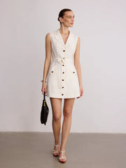 Blazer Collar Sleeveless Belted Linen Mini Dress