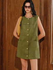 Suede Effect Metal Button Mini Dress