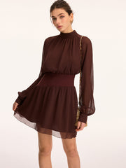 High Neck Waist-Cinching Chiffon Mini Dress