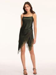 Lace Trim Satin Asymmetric Cami Dress
