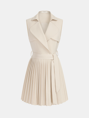 Sleeveless Lapel Belted Pleated Mini Dress