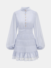 Pleated Button Long Sleeve Ruffled Mini Dress