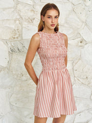 Smocked Striped Linen Blend Sleeveless Mini Dress