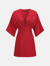 Linen Blend V Neck Embellished Mini Dress