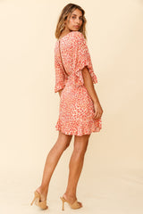 Make It Happen Flared Sleeve Ruffle Trim Dress Leopard Print Orange