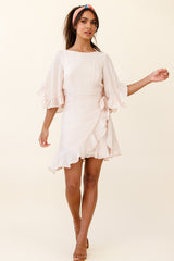 Make It Happen Flared Sleeve Ruffle Trim Dress Beige