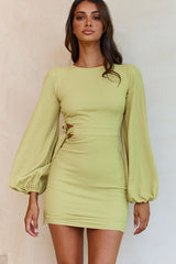 Talk Of The Town Long Lantern Sleeve Side Tie Bodycon Dress Olive