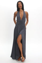 Italia Azure Gathered Waist Maxi Dress Charcoal