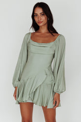 Beaujolais Long Sleeve Cowl Neckline Ruffle Mini Dress Sage