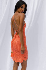 Boracay Halterneck Tie-Up Back Crochet Mini Dress Tangerine