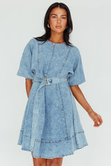 Cadijah Puff Sleeve Belted Mini Dress Denim Blue