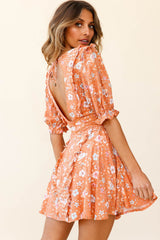 First Impressions Puff Sleeve Keyhole Back Dress Floral Print Orange/Pink