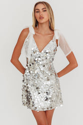 Mykonos Morning Tied Shoulder Sequin Mini Dress Silver