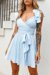 Lola Ruffle Shoulder Ruched Dress Steel Blue