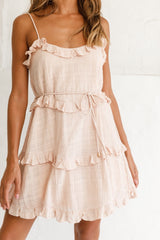 Maria Frill Trim Spaghetti Strap Dress Beige