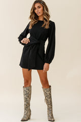 Rapt Waist Tie Bishop Sleeve Knit Dress Black