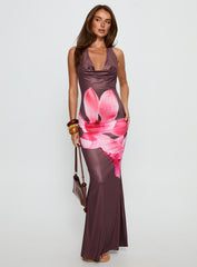 Raleina Halter Cowl Neck Maxi Dress Brown Floral