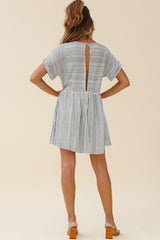 Susie Rolled Sleeve Crew Neck Swing Dress Stripe Pattern Black