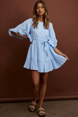 Joni Batwing Sleeve Waist Tie Dress Ruffle Blue
