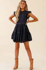 Louise Cap Sleeve Eyelet Embroidery Dress Navy