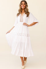 Feeling Groovy Bell Sleeve Crochet Trim Maxi Dress Pink
