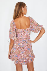 Kirra Puff Sleeve Ruched Bodice Dress Floral Pink