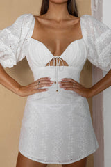 Sweet Romance Puff Sleeve Eyelet Mini Dress White