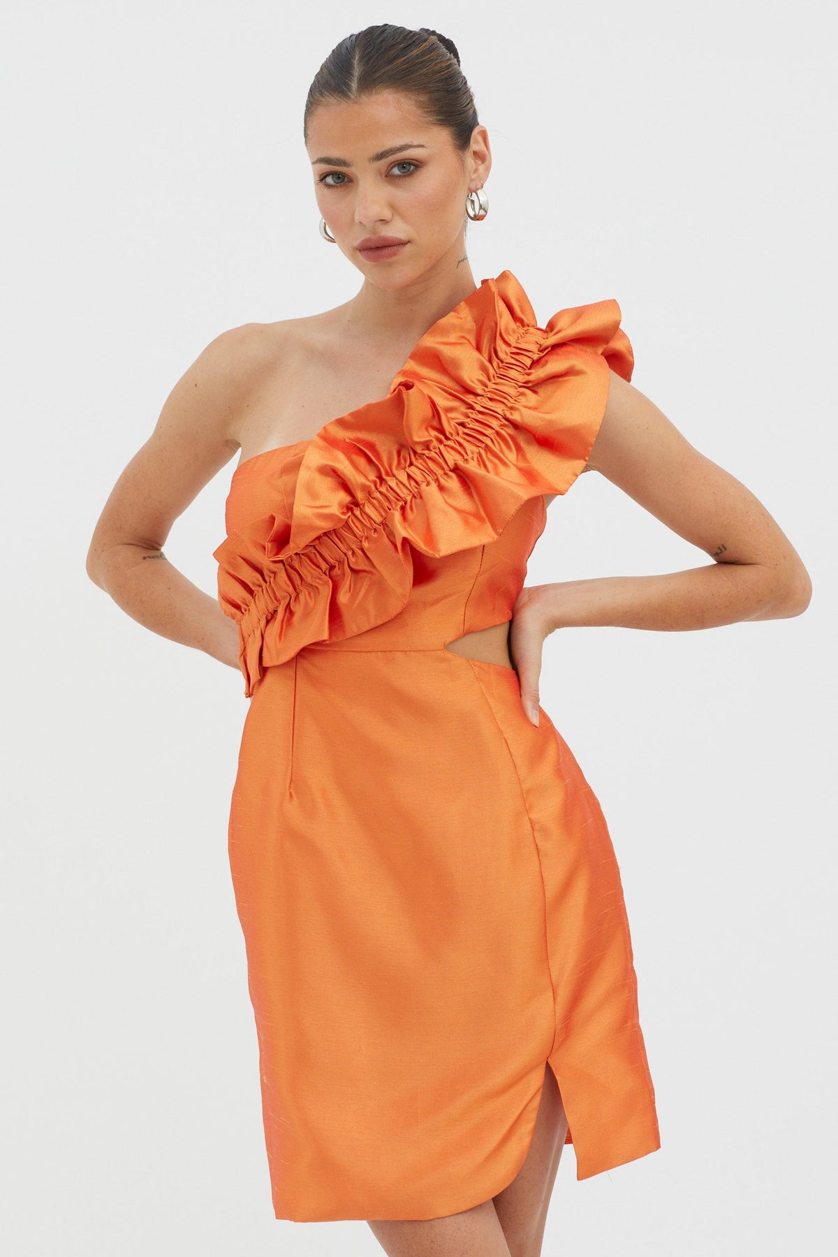 NY Moment Wide Ruffle Shoulder Mini Dress Orange
