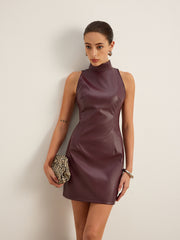 Stand Collar Faux Leather Skinny-Fit Tank Dress